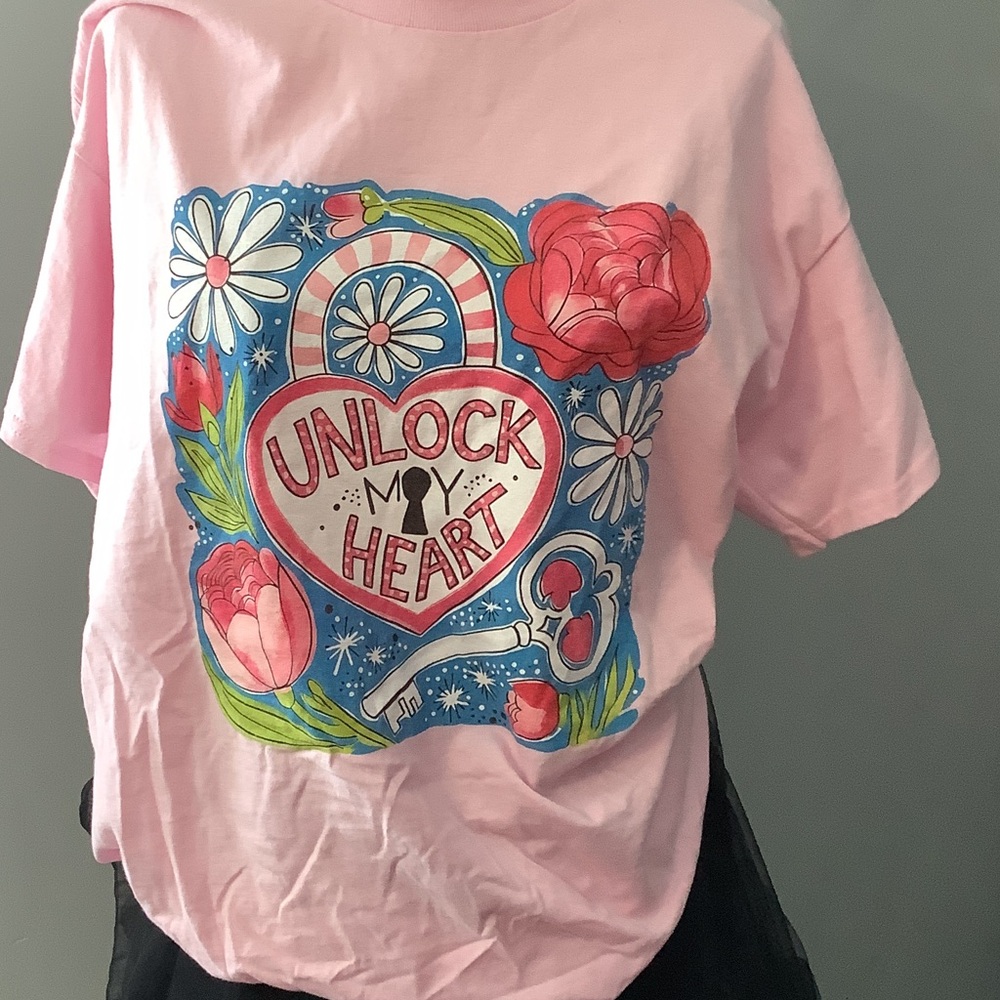 Pink Valentine Shirt with Heart and Floral Design